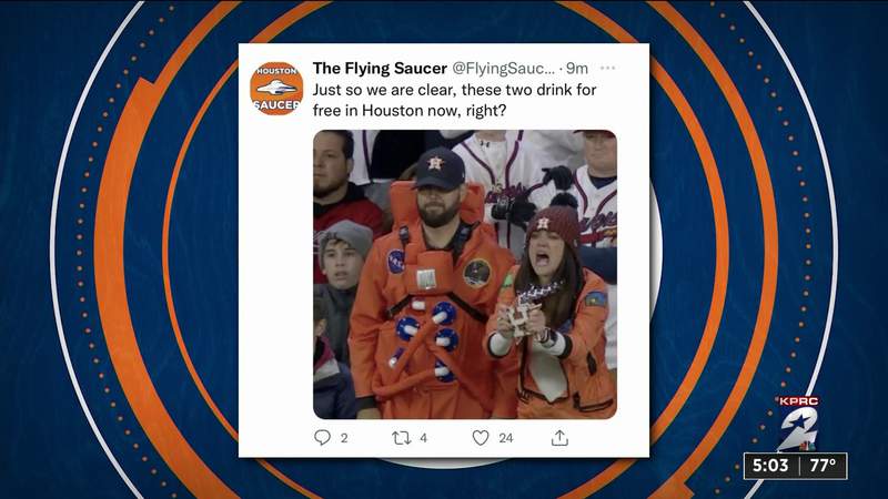 Astros superfans go viral on social media after being spotted at World Series wearing astronauts suits