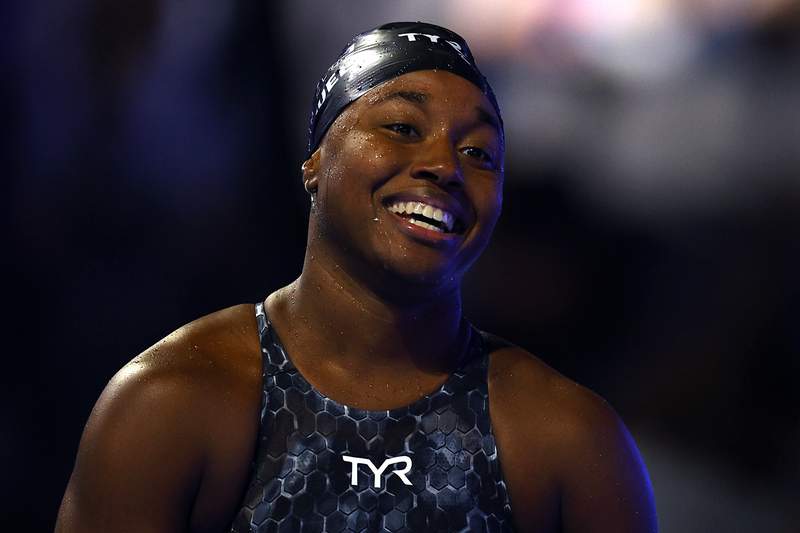 OMAHA, NEBRASKA - JUNE 20: Simone Manuel of the United States reacts after competing in the Women's 50m freestyle final during Day Eight of the 2021 U.S. Olympic Team Swimming Trials at CHI Health Center on June 20, 2021 in Omaha, Nebraska. (Photo by Maddie Meyer/Getty Images)