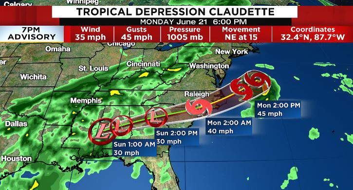 Tropical Depression Claudette continues to quickly move into the Deep South