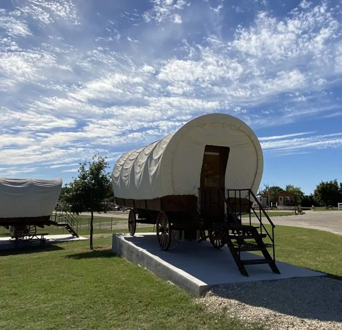 This Airbnb listing is a covered wagon in the Texas Hill Country