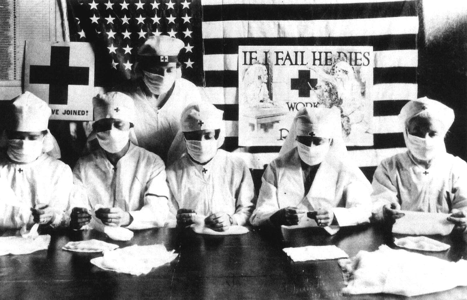 FILE PHOTO - JANUARY 27:  Red Cross volunteers fighting against the spanish flu epidemy in United States in 1918  (Photo by Apic/Getty Images)