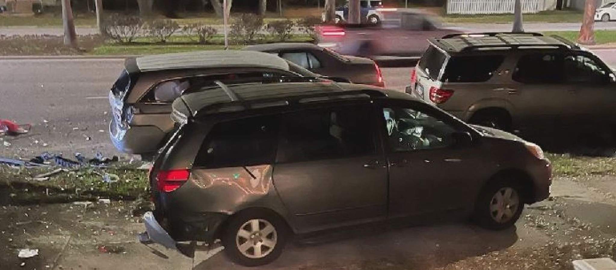 Caught on camera: Surveillance video shows driver slamming into several parked cars in Galveston