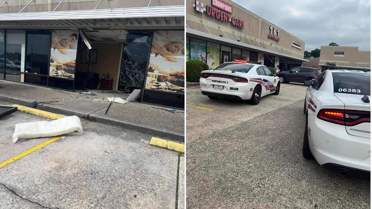 Woman slams vehicle into massage parlor multiple times in northwest Harris County