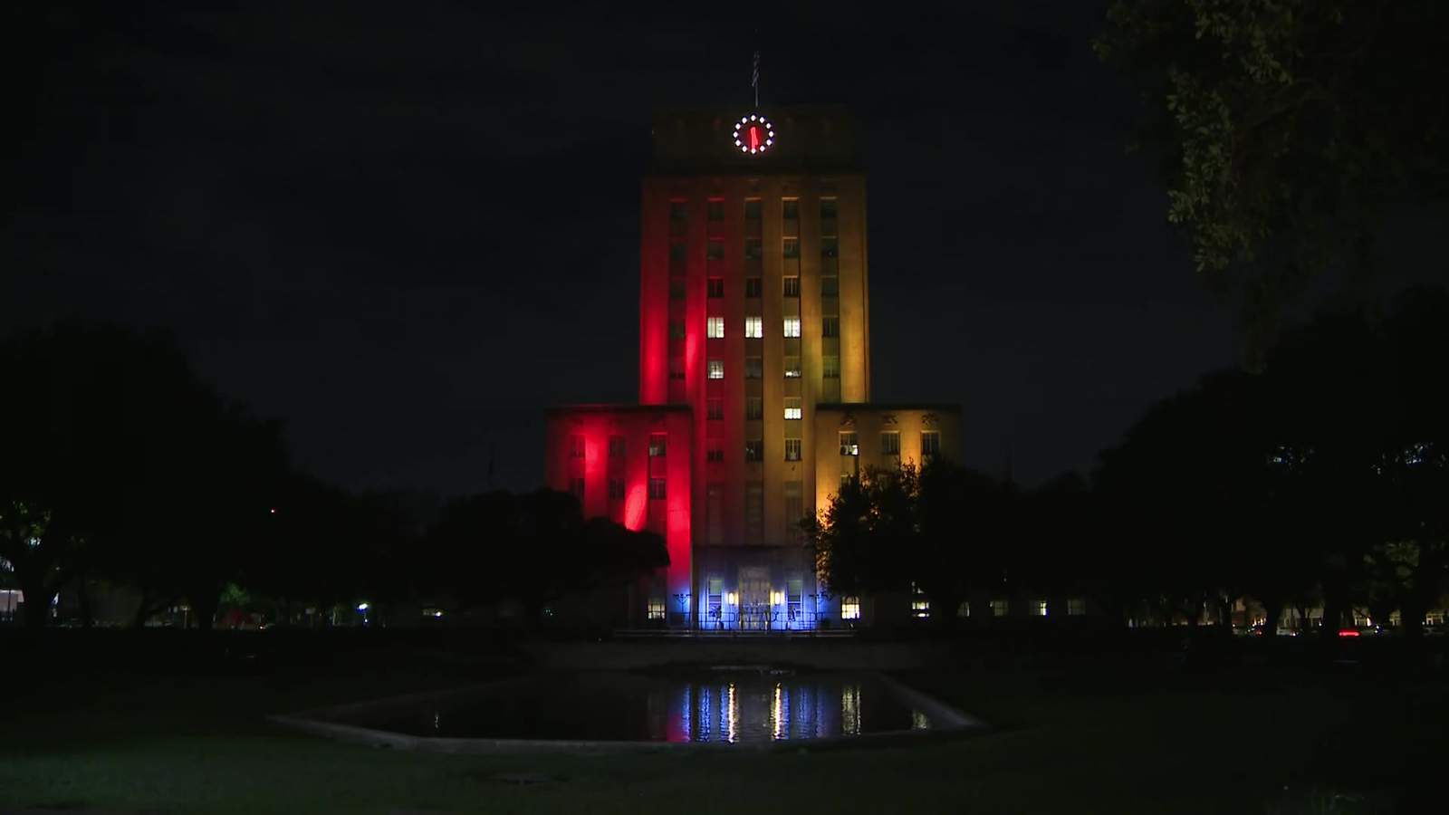 Houston City Hall lit in crimson and gold to honor George Floyd