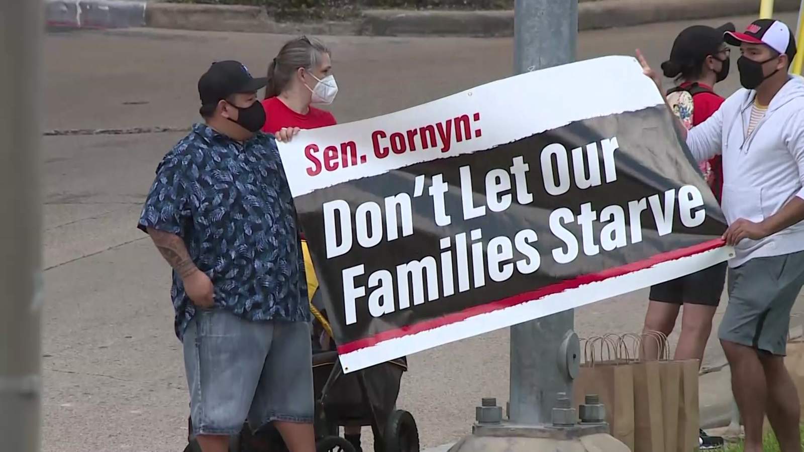 Unemployed Houstonians, HEROES Act supporters demonstrate and distribute food outside Sen. Cornyns office