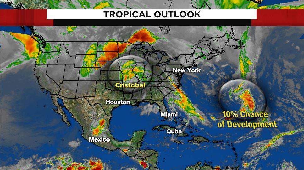 Tropical Depression Cristobal moving inland bringing heavy rain to the Midwest
