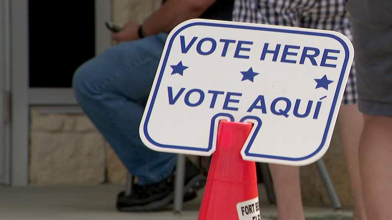A sign directs voters to a polling place in Rosenberg, Texas, in this undated file image.