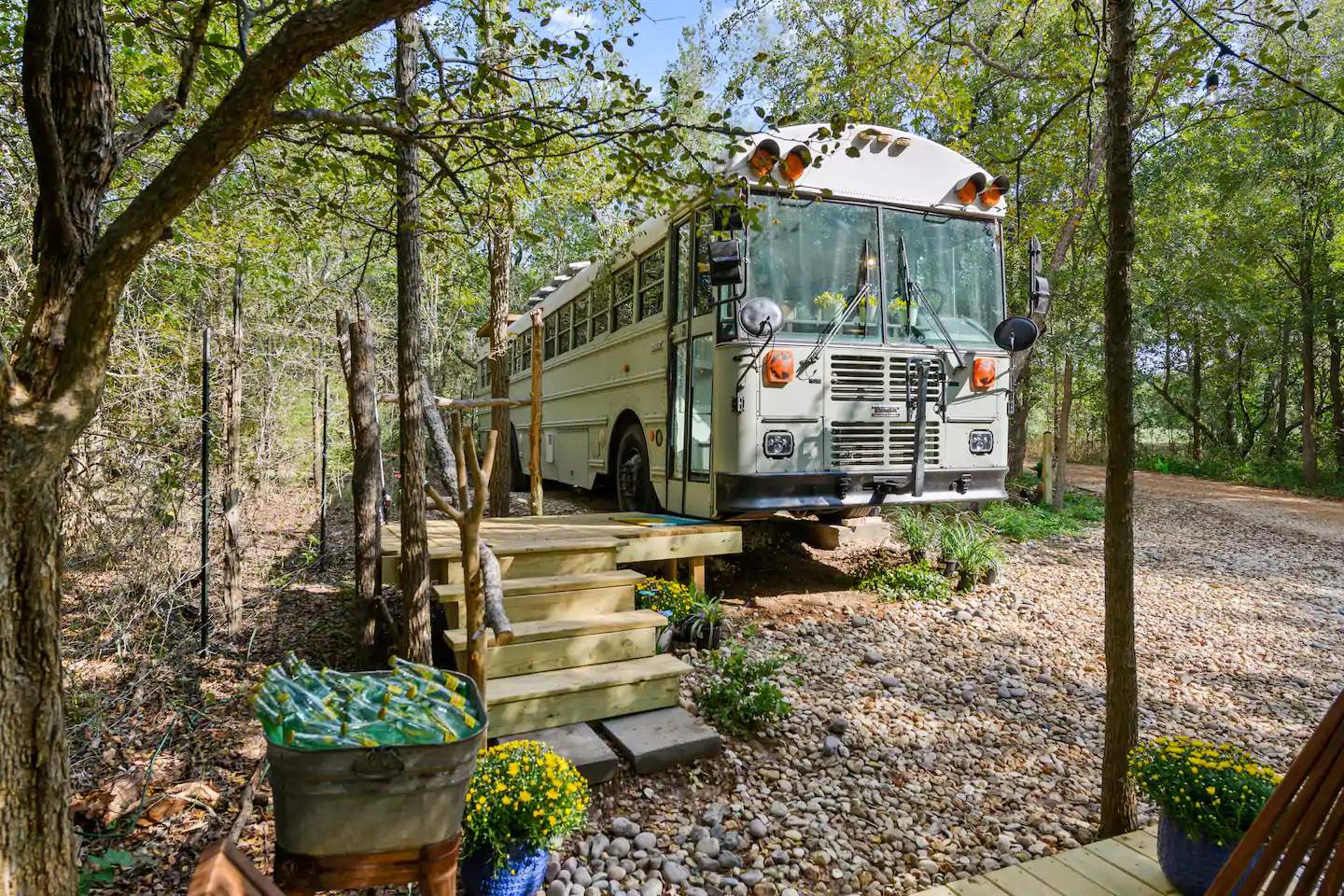 Retro school bus in the Texas Hill Country converted into cozy Airbnb