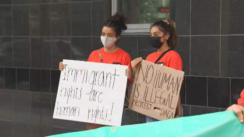 Immigrant youth protest outside federal court in downtown Houston following ruling on DACA