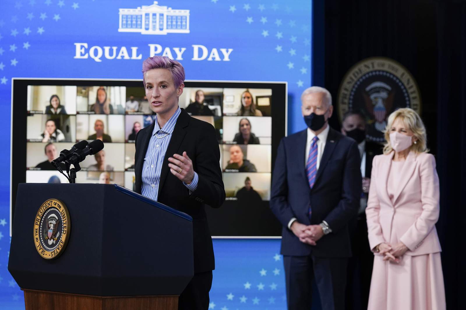 Women’s soccer stars join Biden to promote closing pay gap
