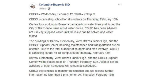 Classes cancelled for Columbia-Brazoria ISD students following water line damage from construction, district says