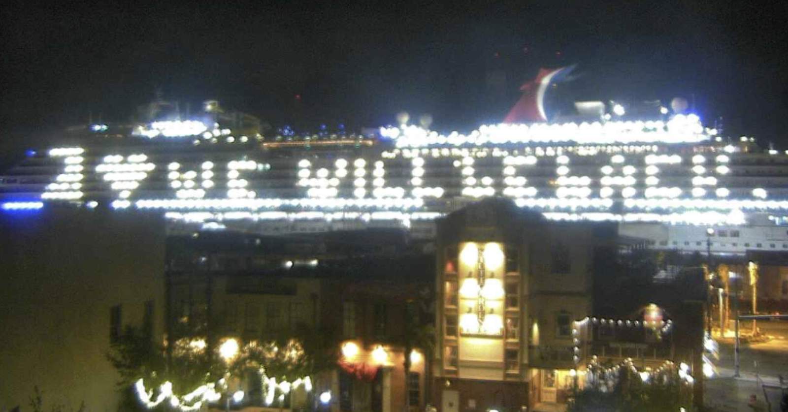 ‘We will be back:' Carnival cruise ship in Galveston lights up with message of hope