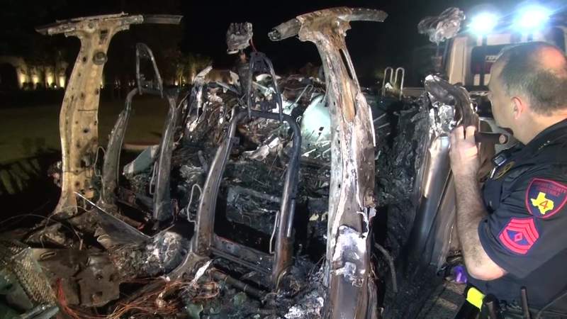 ‘No one was driving the car’: 2 men dead after fiery Tesla crash near The Woodlands, officials say